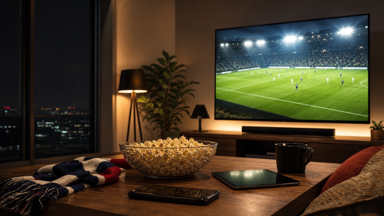 自宅のテレビでサッカー中継を楽しむイメージ